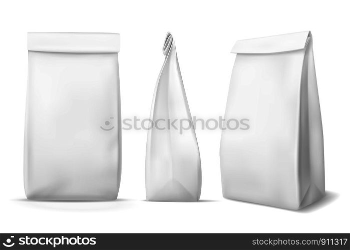 White paper food bag. Blank snack product packaging bags mockups. Products pouch, lunch meal box packet. Realistic vector package with shadow for coffee and eating, closed grocery foodbag template. White paper food bag. Blank snack product packaging bags mockups. Products pouch, lunch meal box packet. Realistic vector template