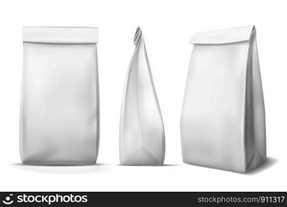 White paper food bag. Blank snack product packaging bags mockups. Products pouch, lunch meal box packet. Realistic vector package with shadow for coffee and eating, closed grocery foodbag template. White paper food bag. Blank snack product packaging bags mockups. Products pouch, lunch meal box packet. Realistic vector template