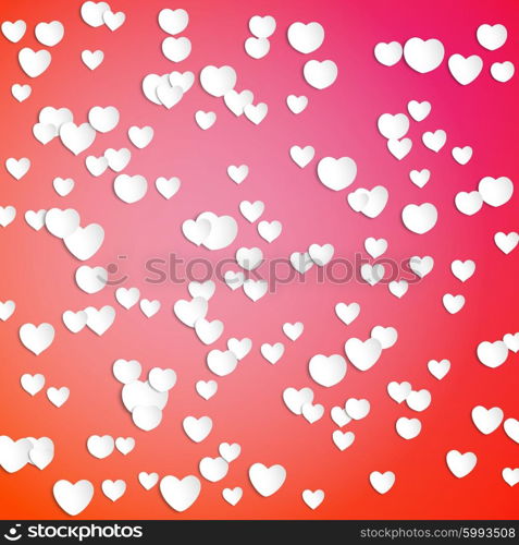 White paper hearts, Valentines day card on red background, vector illustration.