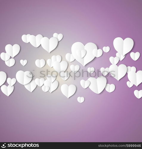 White paper hearts, Valentines day card on violet background, vector illustration.