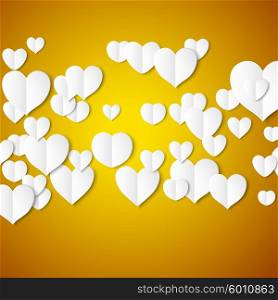 White paper hearts, Valentines day card on yellow background, vector illustration.