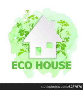 White paper house and green plants on a green watercolor background. Ecology building concept.. White paper house and green plants
