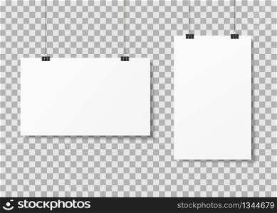 White paper posters hanging on binder clips with shadows. Mock up empty paper blank. Vertical, horizontal template flyer, sheet, frame on transparent background. White posters boards gallery. Vector.. White paper posters hanging on binder clips with shadows. Mock up empty paper blank. Vertical, horizontal template flyer, sheet, frame on transparent background. White posters boards gallery. Vector