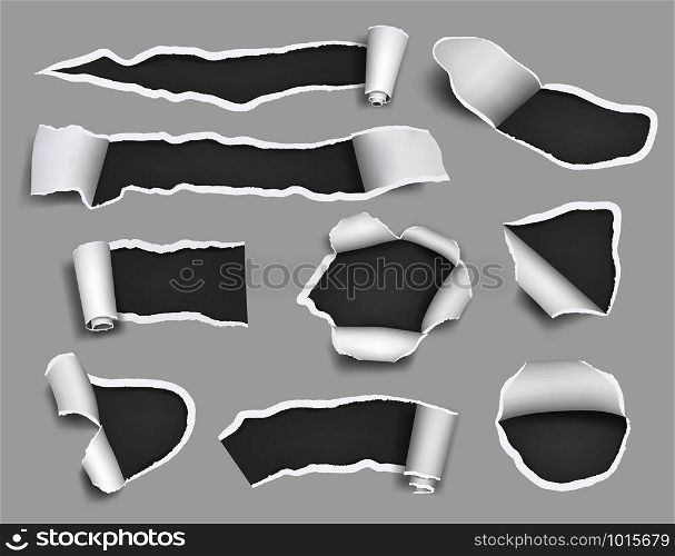 White paper ripped. Empty blank pages holes craft teared bullet lacerated vector 3d template. Illustration of edge and rip, torn and ripped paper. White paper ripped. Empty blank pages holes craft teared bullet lacerated vector 3d template