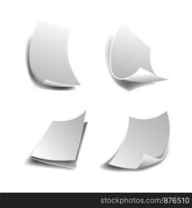 White paper sheets 3D with corner flip and rolled sides. Vector isolated realistic paper page with curved corners and shadow. White paper pages vector 3d icons