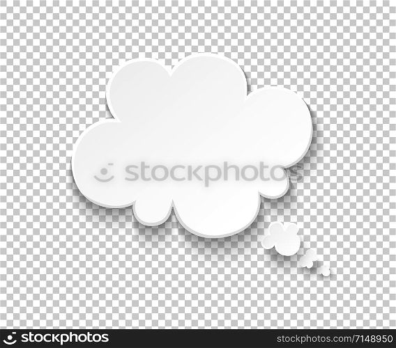 White paper speech bubble. Blank thought balloons, think cloud illustration. Vector speech symbols and thinking idea comic message on transparent background. White paper speech bubble. Blank thought balloons, think cloud. Vector speech and thinking comic message