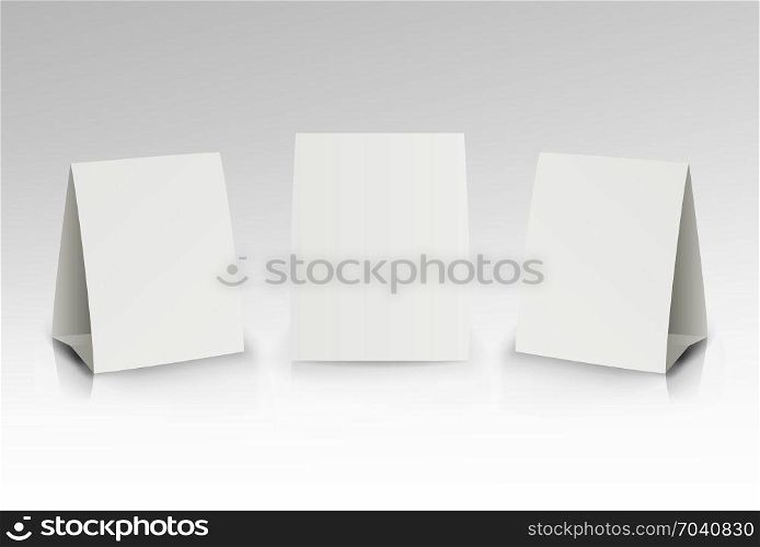 White Paper Stand Table Tag Flyer Vector Stationery Brochure. Paper Vertical Cards On White Background With Reflections. Front, Left And Right View.. White Paper Stand Table Tag Flyer Vector illustration