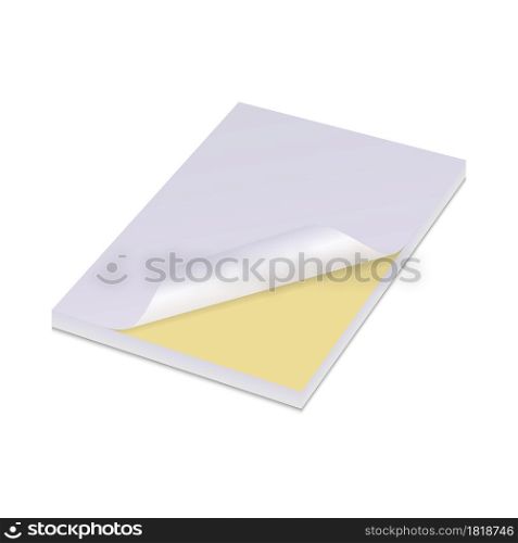 White paper sticker, yellow postit note, sticky adhesive blank. Vector memo tag template, isolated notice page. Important memory pin tip. Empty curved sheet, office notepaper. White paper sticker, yellow postit note, sticky adhesive blank