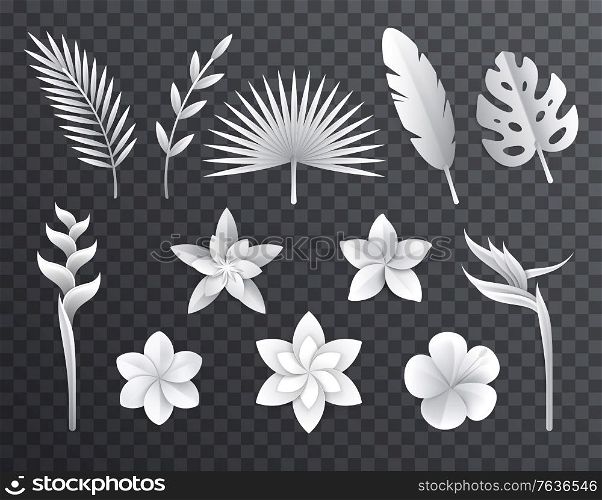 White paper tropical leaves and flowers icon set on transparent background with paper crafting materials images vector illustration