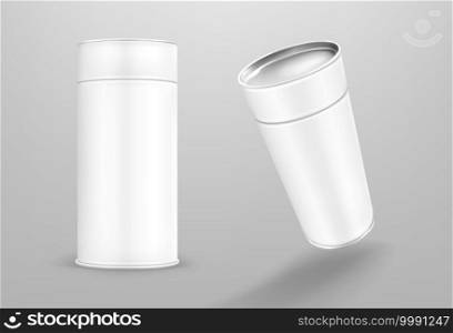 White paper tube, cardboard cylinder box isolated on gray background. Vector realistic mockup of carton round container, blank package tubus for food with closed cap in front and perspective view. White paper tube, cardboard cylinder box