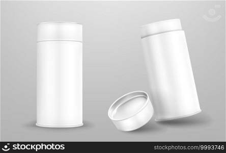 White paper tube, cardboard cylinder box with closed and open cap. Vector realistic mockup of carton round container, blank package tubus for food isolated on gray background. White paper tube with open and closed cap