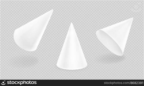 White party hat for celebration birthday, anniversary and christmas. Vector realistic mockup of 3d blank cone head caps for carnival, holidays and festive isolated on transparent background. White party hats for birthday celebration