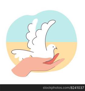 White peace dove in human hand flat vector illustration. Flying pigeon in background of Ukraine flag. Freedom, support, help concept for banner, website design or landing web page
