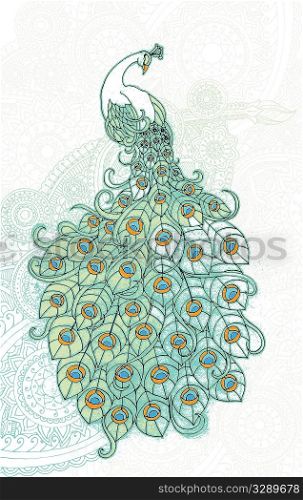 White peacock on green henna background.