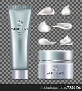 White pearl day cream for skin inside tube and box. Skincare cosmetics of high quality with minerals in containers isolated vector illustrations.. White Pearl Day Cream for Skin in Tube and Box
