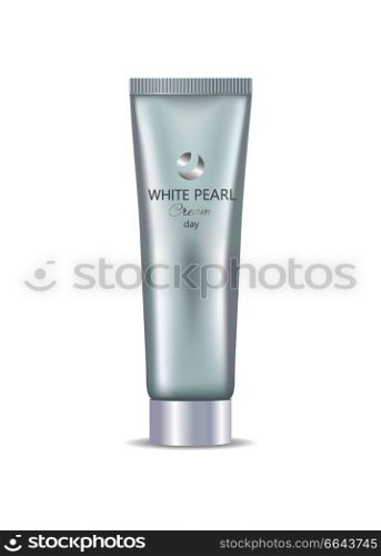White pearl day face or hand cream in bottle daily care moisturization nourishment vector illustration isolated realistic tube for all skin types. White Pearl Day Face or Hand Cream in Bottle Tube