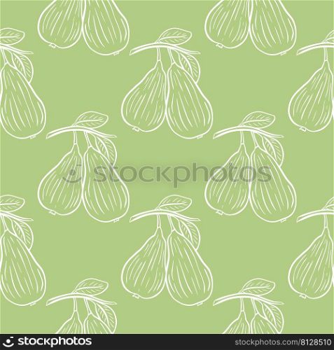 White pears on greens background seamless pattern. Vintage background with pears hand engraved. Sketch fruits. Template for packaging, filling and design vector illustration. White pears on greens background seamless pattern