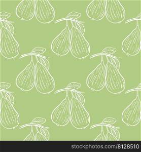 White pears on greens background seamless pattern. Vintage background with pears hand engraved. Sketch fruits. Template for packaging, filling and design vector illustration. White pears on greens background seamless pattern