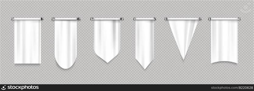 White pennant flags different shapes, canvas pendants for sport teams, varsity or heraldic symbols. Vector realistic template of blank hanging textile pennons isolated on transparent background. White canvas pennant flags different shapes