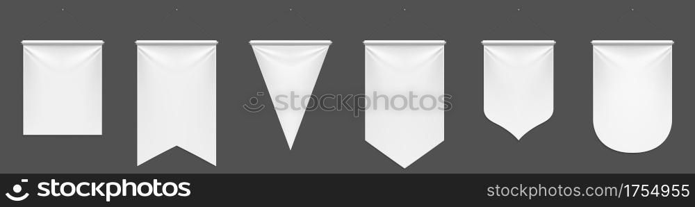 White pennant flags mockup, blank vertical banners on flagpole with rounded, straight, pointed and double edges. Isolated medieval heraldic empty ensign templates. Realistic 3d vector illustration set. White pennant flags mockup, blank vertical banners