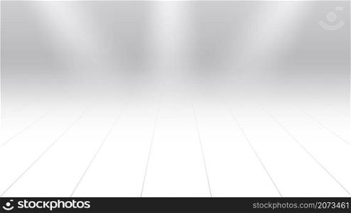 White perspective background. Wood floor and lights, realistic elements empty backdrop or stage vector illustration. Wooden interior board, parquet hardwood textured. White perspective background. Wood floor and lights, realistic elements empty backdrop or stage vector illustration