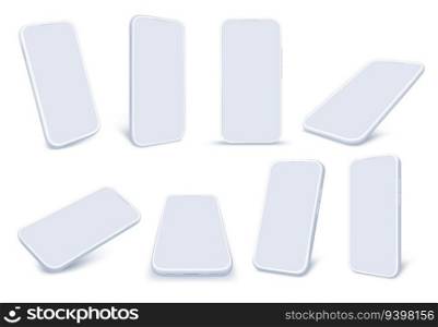White phone mockup. Minimal smartphone screen frame, light 3D mobile device and isolated cellphone with realistic shadow vector template set. Isolated gadget from different angles view. White phone mockup. Minimal smartphone screen frame, light 3D mobile device and isolated cellphone with realistic shadow vector template set