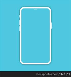 White Phone Mockup with blank screen, isolated on Blue background. Smartphone with shadow vector icon. New version of soft clean white mobile phone. Vector illustration