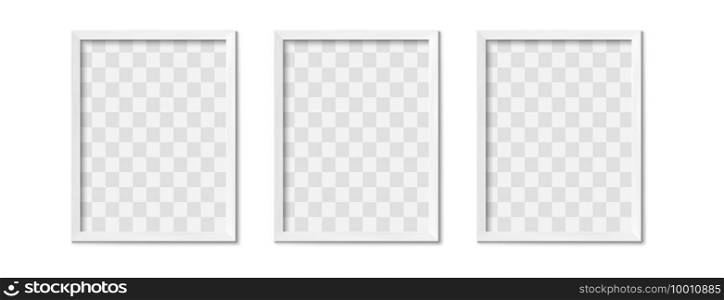 White photo frames. Empty gray simple image square border with shadow on gallery wall. Isolated picture framing design vector realistic 3D mockup. Rectangle picture border hanging in raw. White photo frames. Empty gray simple image square border with shadow on gallery wall. Isolated picture framing design vector realistic 3D mockup