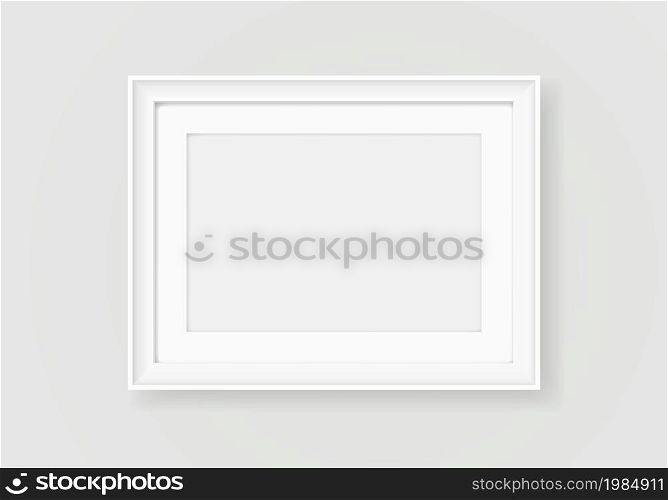 White picture frame, blank horizontal photo frame. Realistic empty poster border, gallery painting frame hanging on wall vector mockup. Interior decoration for home, office or exhibition
