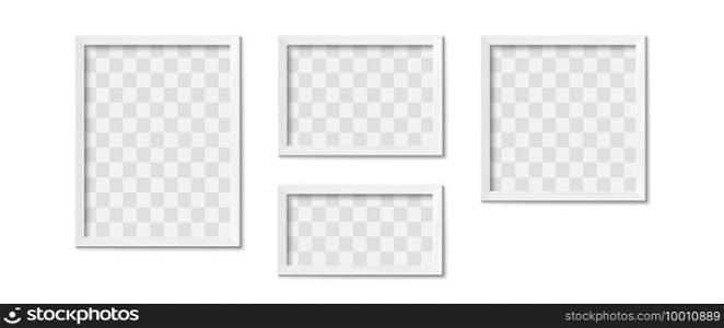 White picture frames. Empty gray simple image square border with shadow on gallery wall. Isolated photo framing design vector realistic 3D template with transparent place for image of different shape. White picture frames. Empty gray simple image square border with shadow on gallery wall. Isolated photo framing design vector realistic 3D template