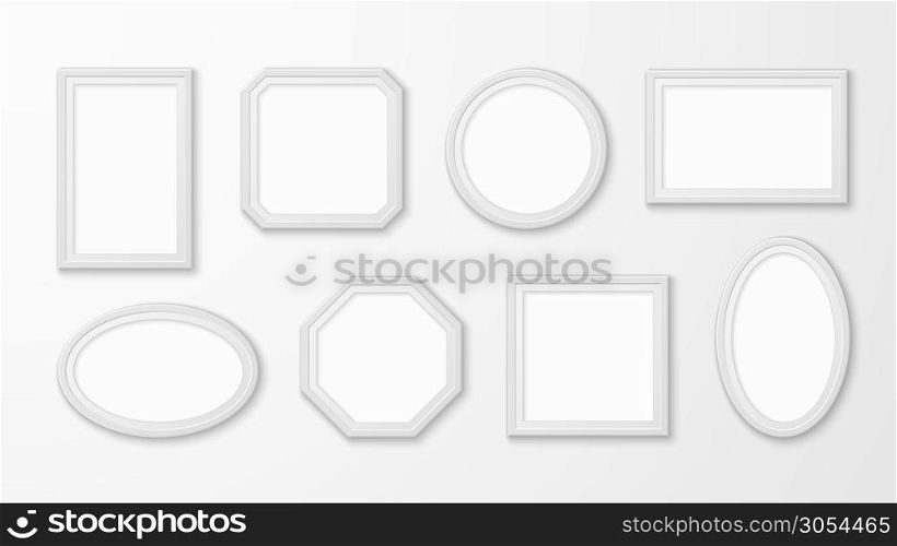 White picture frames. Realistic empty image borders in different forms for gallery exhibition vector mockups, wall design vector painting art framing set. White picture frames. Realistic empty image borders in different forms for gallery exhibition vector mockups, wall design vector set