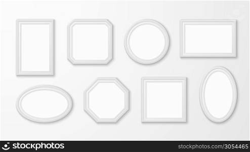White picture frames. Realistic empty image borders in different forms for gallery exhibition vector mockups, wall design vector painting art framing set. White picture frames. Realistic empty image borders in different forms for gallery exhibition vector mockups, wall design vector set