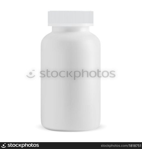 White pill bottle blank. Isolated medicine supplement jar, vector design. Prescription capsule box template isolated on white background. Medicament cure, antibiotic drugs package, your label. White pill bottle blank. Isolated medicine supplement jar