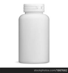 White pill bottle mockup. Supplement package blank, isolated drug container on white background. Pharmacy tablet pillbox concept design. Prescription pill jar, 3d illustration. Cure capsule can. White pill bottle mockup. Supplement package blank