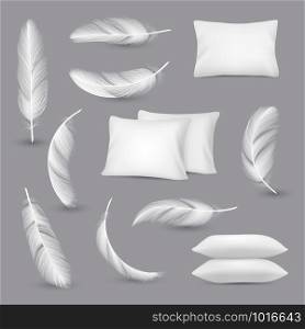 White pillows. Wind feathers for bedroom rectangle pillows vector realistic pictures isolated. Illustration of soft comfortable cushion, white feather. White pillows. Wind feathers for bedroom rectangle pillows vector realistic pictures isolated