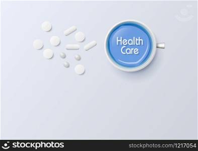 White pills and glass On a gray background, a conception for the medical community. Vector illustration