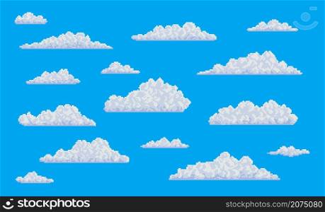 White pixel fluffy bubble clouds on blue sky. 8 bit art game vector background of cloudy heaven with mine craft block clouds, pixelated cloudscape backdrop with mosaic texture, arcade videogame ui. White pixel fluffy clouds on sky, 8 bit art game