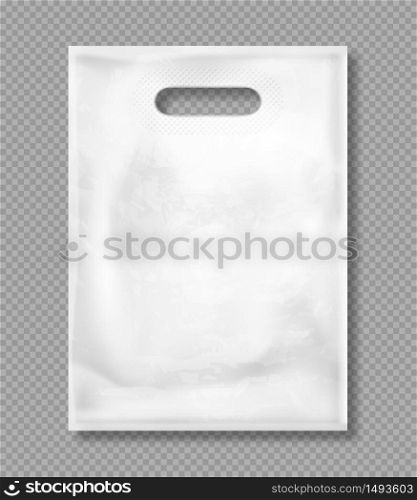 White plastic bag isolated on transparent background. Vector mockup of blank packet with handles, empty polythene package for shopping, gift or merchandise. Template for corporate design on flat bag. Vector mockup of white plastic bag