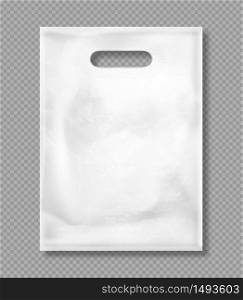 White plastic bag isolated on transparent background. Vector mockup of blank packet with handles, empty polythene package for shopping, gift or merchandise. Template for corporate design on flat bag. Vector mockup of white plastic bag