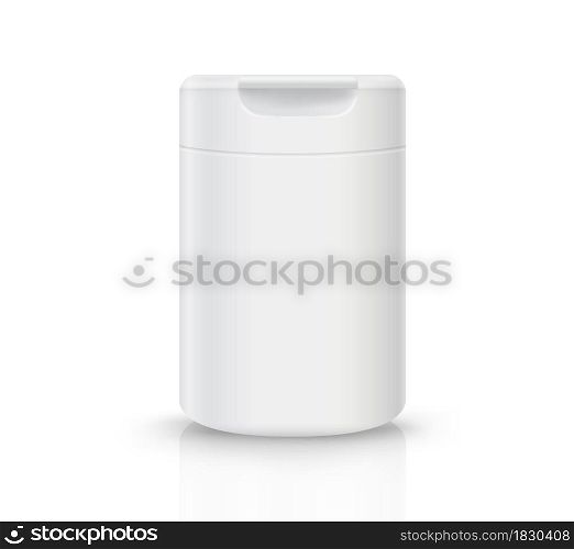 White plastic bottle with flip top cap. Isolated on a white background with reflections and objects.