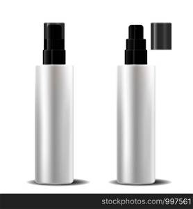 White plastic bottles set with glossy black dispenser spray pump lid. Sprayer Liquid container for gel, lotion, cream, serum, base. Beauty cosmetics product package. Vector illustration.. White plastic bottles set with glossy black dispenser spray pump lid.