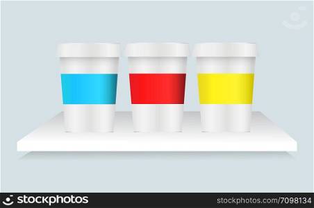 White Plastic Bucket, Ice cream or Yogurt Container on Self. Vector Illustration