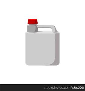 White plastic canister with red cap cartoon icon on a white background. White plastic canister with red cap cartoon icon