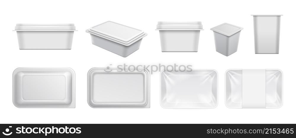 White plastic containers. Food container, packaging for take away and yogurts. Realistic boxes for cafe, bar, restaurant, top view dishes vector mockup. Container plastic white package for food. White plastic containers. Food container, packaging for take away and yogurts. Realistic boxes for cafe, bar, restaurant, top view reusable dishes vector mockup