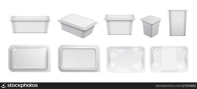 White plastic containers. Food container, packaging for take away and yogurts. Realistic boxes for cafe, bar, restaurant, top view dishes vector mockup. Container plastic white package for food. White plastic containers. Food container, packaging for take away and yogurts. Realistic boxes for cafe, bar, restaurant, top view reusable dishes vector mockup