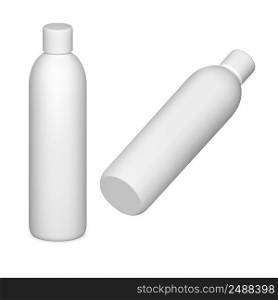 White plastic cosmetic bottle mockup. Sh&oo packaging isolated round blank with cap. Realistic hair product tube, tall bottle for beauty cosmetic for merchandise. Body skin gel. White plastic cosmetic bottle mockup. Sh&oo packaging