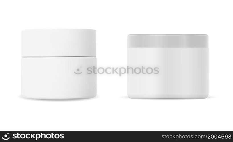 White plastic cosmetic cream jar mockup. Skin care product pack. Simple round white jar template set for scrub, ointment or blush powder. Isolated packaging for corporate branding. White plastic cosmetic cream jar mockup. Skin care