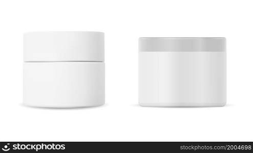 White plastic cosmetic cream jar mockup. Skin care product pack. Simple round white jar template set for scrub, ointment or blush powder. Isolated packaging for corporate branding. White plastic cosmetic cream jar mockup. Skin care