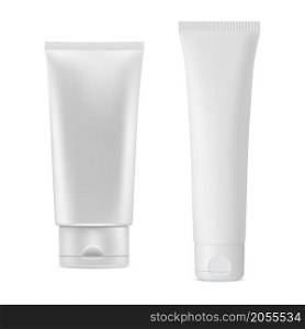 White plastic cosmetic cream tube, vector container blank. Lotion package mockup, cosmetic product bottle. Toothpaste packaging isolated on white background, realistic closeup. White plastic cosmetic cream tube, vector container