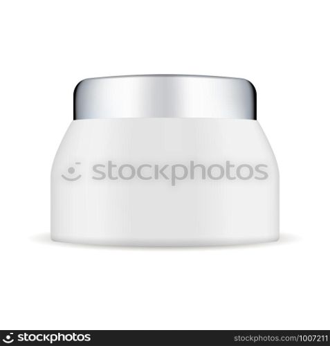 White Plastic Cream Jar Mockup with Silver Lid. Beauty Cosmetic Bottle for Moisturizer. Packaging Template for Natural Facial Balm. 3d Round Pack Template. Vector Pot.. White Plastic Cream Jar Mockup with Silver Lid.